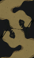Artistic depiction of a woman with flowing hair on a textured beige and black background