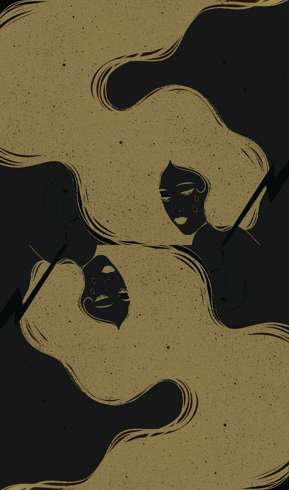 Artistic depiction of a woman with flowing hair on a textured beige and black background