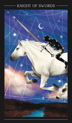 Tarot card featuring a skeleton on a white horse with a sword, set against a starry night sky.
