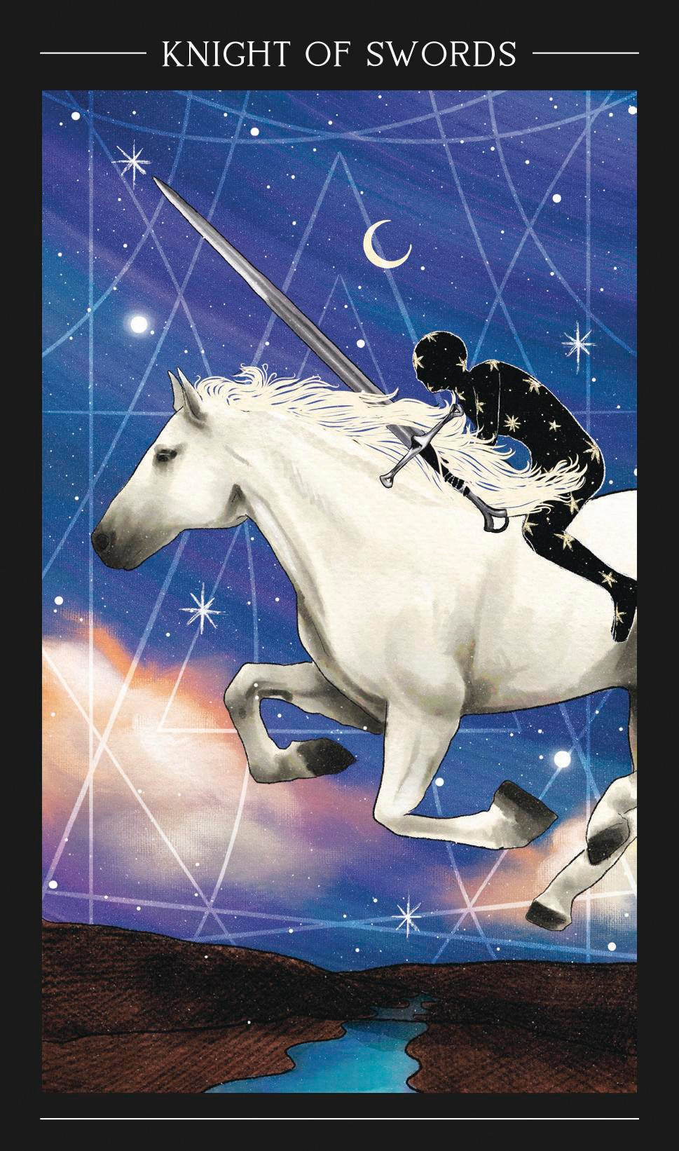 Tarot card featuring a skeleton on a white horse with a sword, set against a starry night sky.
