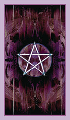 Pentagram symbol in the center of a purple and black abstract design