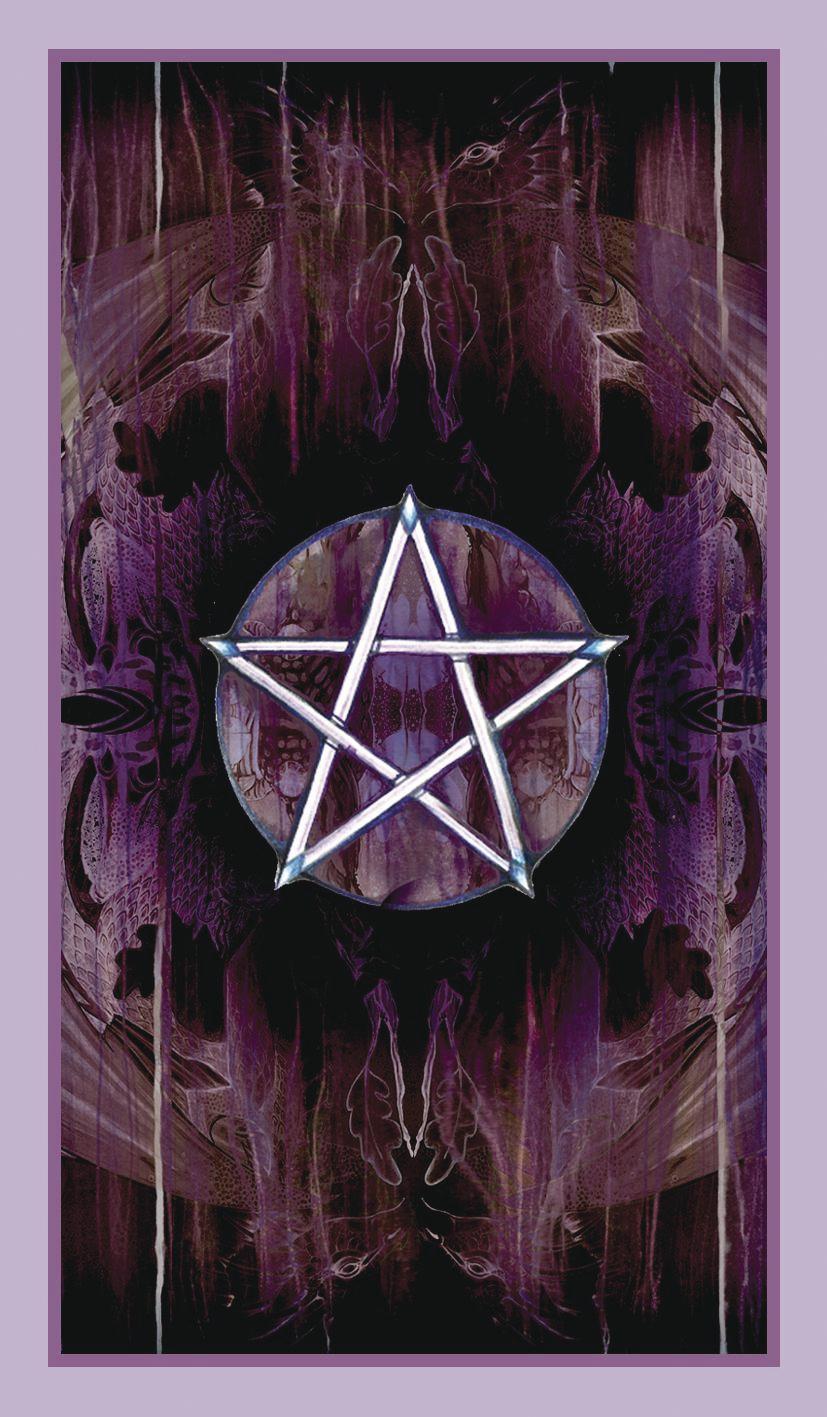 Pentagram symbol in the center of a purple and black abstract design