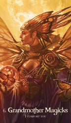 Illustration of a winged figure with intricate armor and headpiece, set against a warm, glowing background.