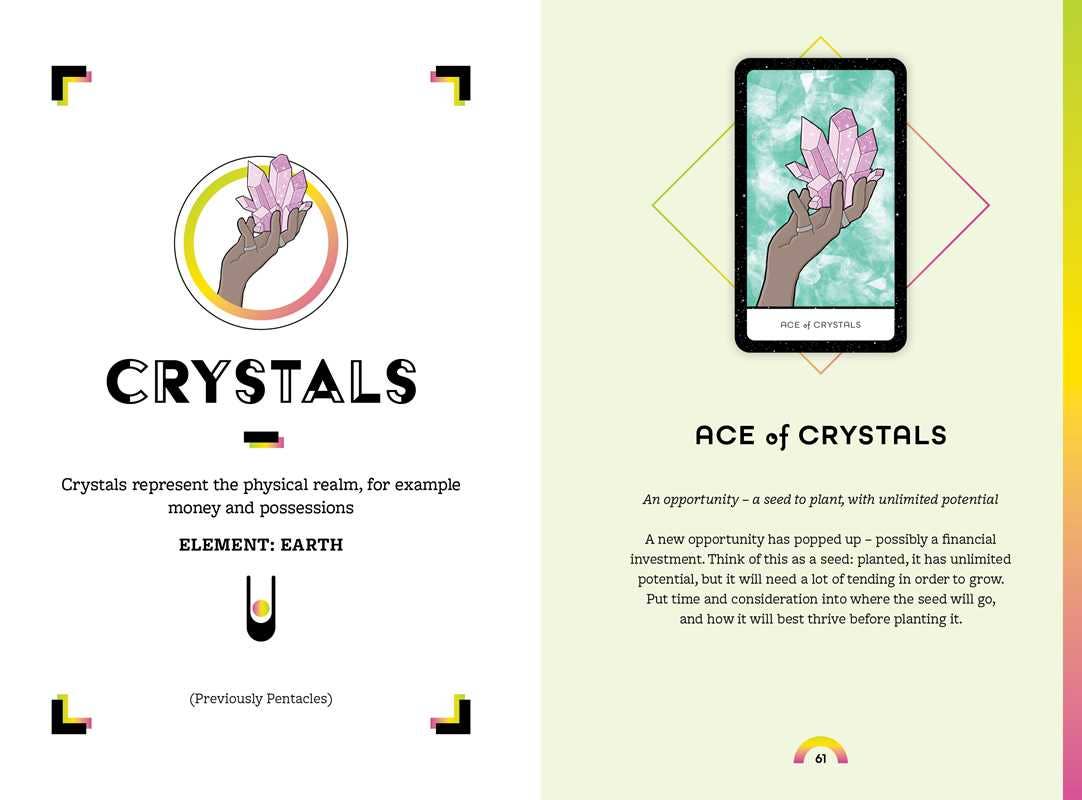 Card featuring a crystal with text about crystals and their properties on a colorful background.