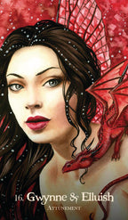 Illustration of a woman with a red dragon on her shoulder against a red background, featuring the text '16. Gwynne & Elluish Attunement'.