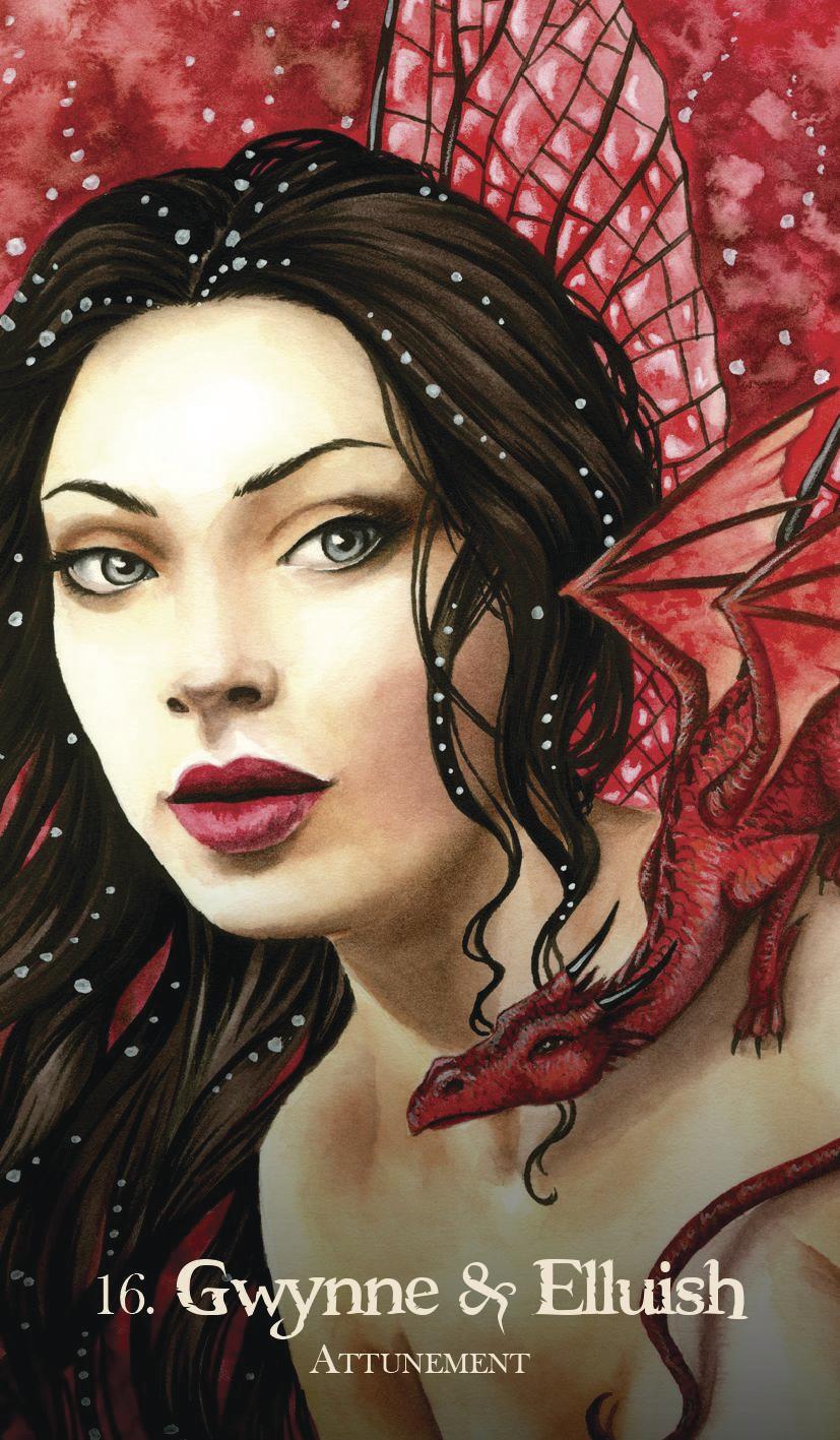 Illustration of a woman with a red dragon on her shoulder against a red background, featuring the text '16. Gwynne & Elluish Attunement'.