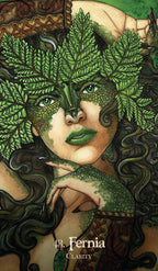 Artistic depiction of a woman with green leaves on her face and head, with the text '13. Fernia Clarity' at the bottom.