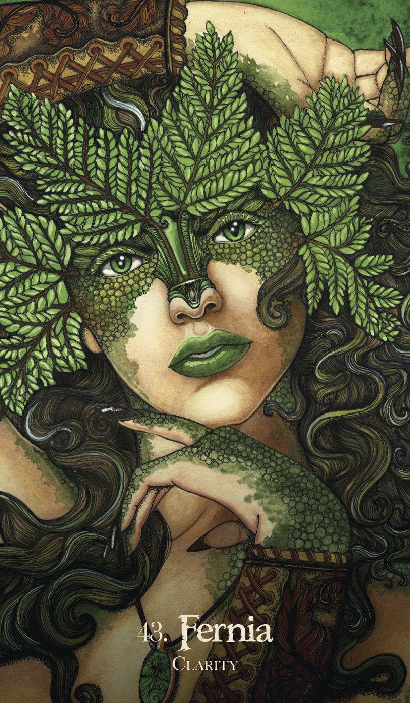 Artistic depiction of a woman with green leaves on her face and head, with the text '13. Fernia Clarity' at the bottom.