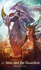 Fictional character Aine with a dragon-like creature and text '12. Aine and the Guardian Born Innocent'.