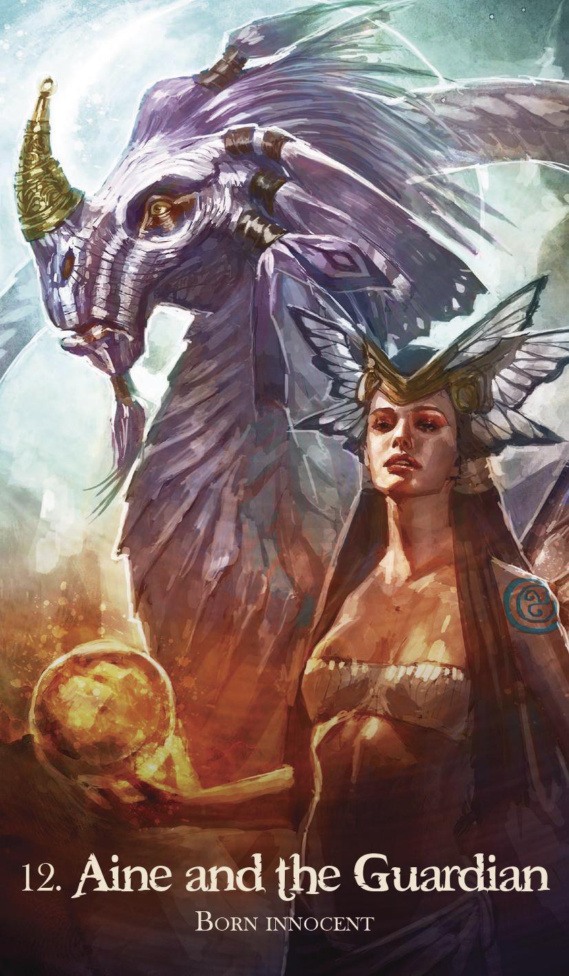 Fictional character Aine with a dragon-like creature and text '12. Aine and the Guardian Born Innocent'.