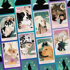Collection of tarot cards featuring dogs and people with a mystical design.