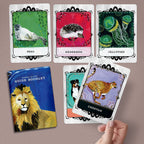 Set of animal-themed cards with a guide booklet on a beige background