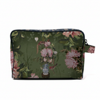 Floral patterned pouch with pink flowers and green leaves on a white background