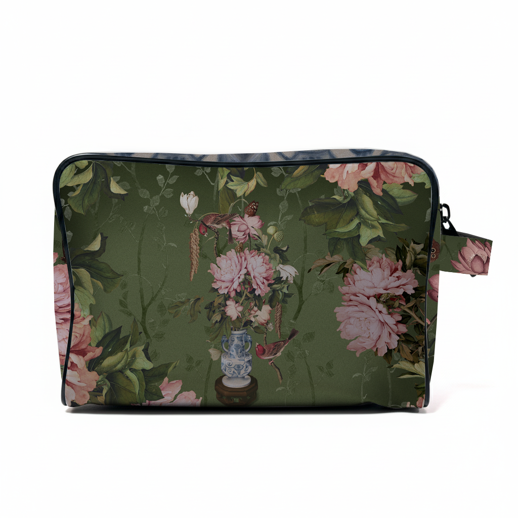 Floral patterned pouch with pink flowers and green leaves on a white background