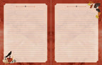 A two-page lined writing pad or planner insert with a fall theme. The pages are a warm cream color with horizontal lines, set against a textured reddish-brown background decorated with autumn illustrations including a crow, pumpkins, and leaves.