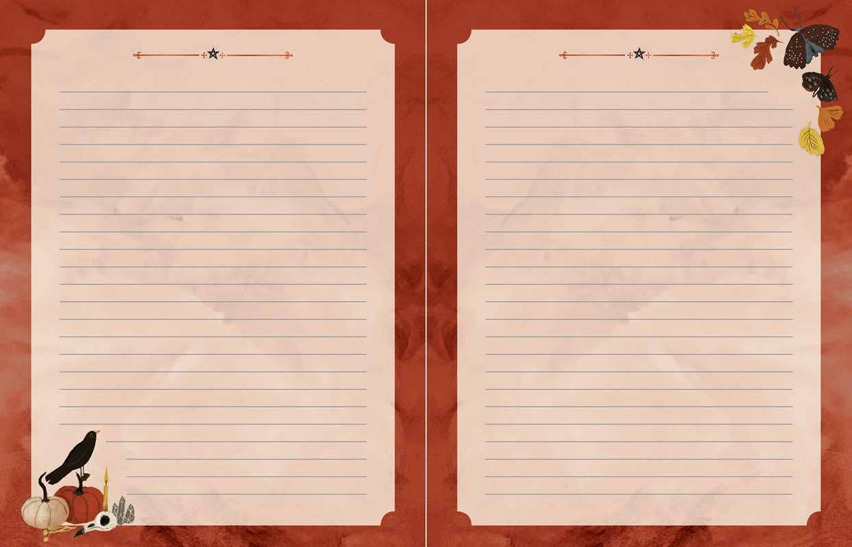 A two-page lined writing pad or planner insert with a fall theme. The pages are a warm cream color with horizontal lines, set against a textured reddish-brown background decorated with autumn illustrations including a crow, pumpkins, and leaves.