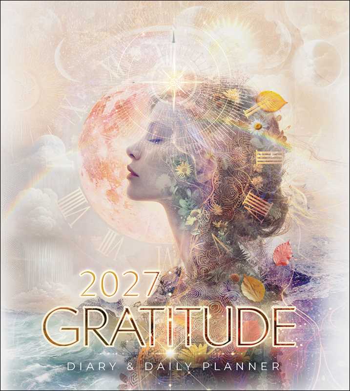 A 2027 Gratitude Diary & Daily Planner cover featuring a double-exposure portrait of a woman's profile with a glowing moon, stars, leaves, and small decorative elements. Large gold text reads '2027 GRATITUDE' with 'DIARY & DAILY PLANNER' below on a soft pastel background.