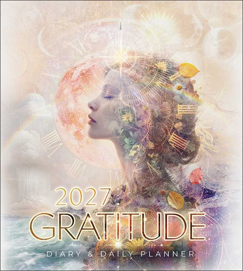 A 2027 Gratitude Diary & Daily Planner cover featuring a double-exposure portrait of a woman's profile with a glowing moon, stars, leaves, and small decorative elements. Large gold text reads '2027 GRATITUDE' with 'DIARY & DAILY PLANNER' below on a soft pastel background.