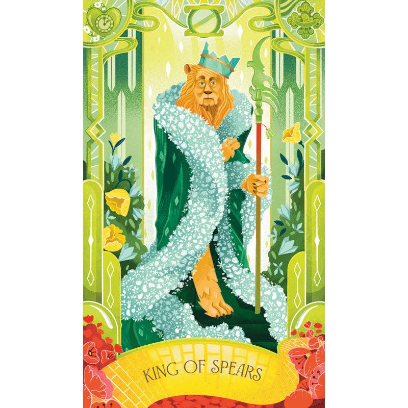 Card featuring a lion-like figure labeled 'King of Spears' with decorative elements.