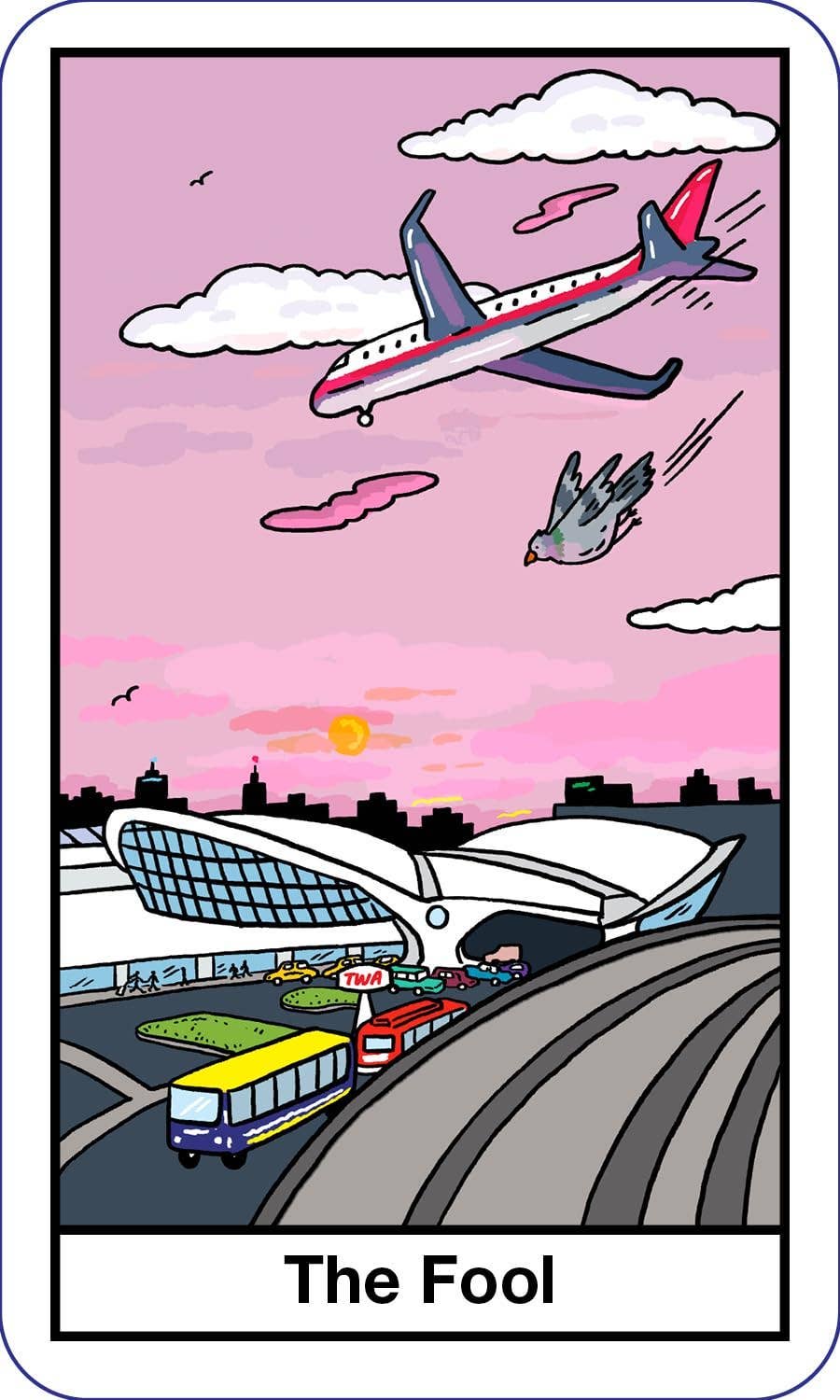 Card titled 'The Fool' with an airplane, bus, and building on a pink sky background
