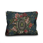A rectangular zippered pouch featuring a vintage-style botanical print with a green beetle in the center, set against a plain white background.