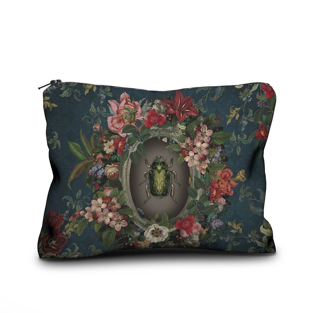 A rectangular zippered pouch featuring a vintage-style botanical print with a green beetle in the center, set against a plain white background.