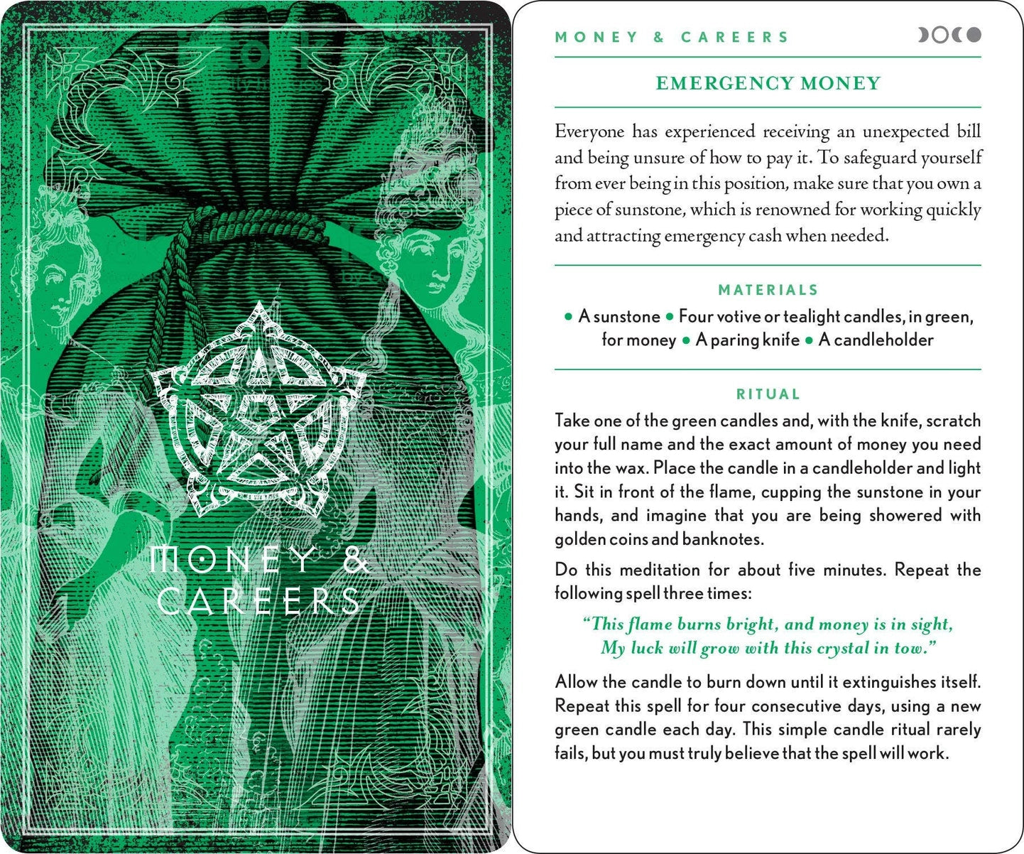 Green tarot card with intricate design and text on money and careers.