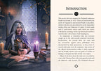A printed page spread showing a dark witch-hunting scene on the left with a woman reading under a window, and the heading 'INTRODUCTION' plus body text on the right on an aged beige paper background.