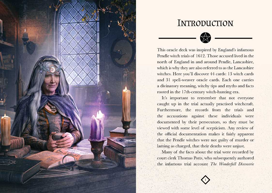 A printed page spread showing a dark witch-hunting scene on the left with a woman reading under a window, and the heading 'INTRODUCTION' plus body text on the right on an aged beige paper background.