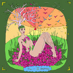 Illustration of a woman surrounded by pink flowers with a colorful sky and tree in the background.