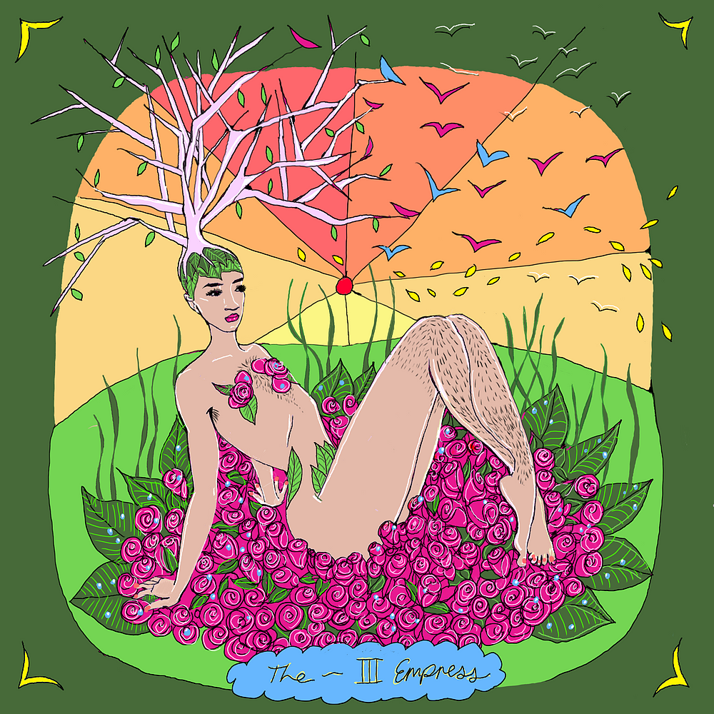 Illustration of a woman surrounded by pink flowers with a colorful sky and tree in the background.
