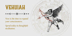 Decorative banner with an angel holding a bow, text, and circular design elements on a white background.
