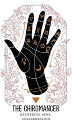 Illustration of a hand with astrological symbols against a floral background, labeled 'The Chiromancer'.