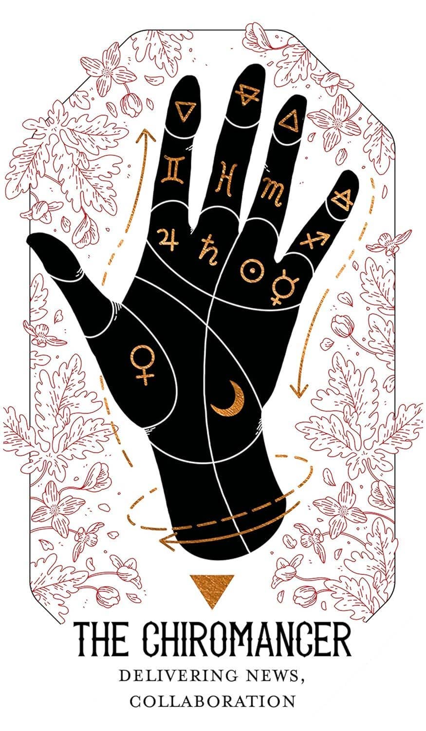 Illustration of a hand with astrological symbols against a floral background, labeled 'The Chiromancer'.