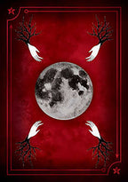Gothic design with moon and hands on a red background