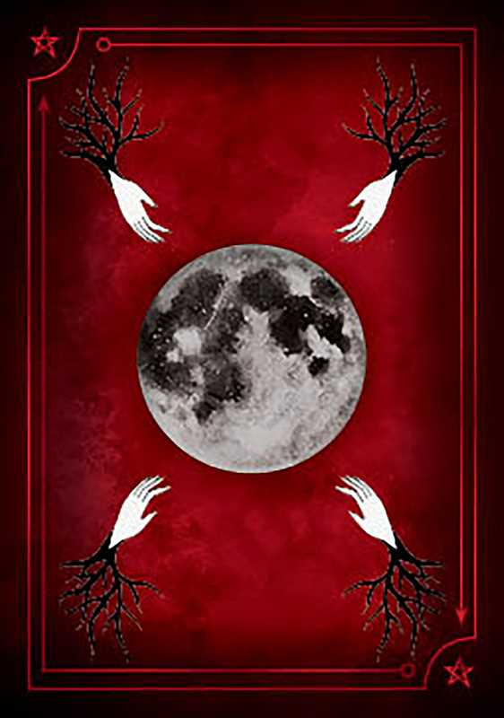 Gothic design with moon and hands on a red background