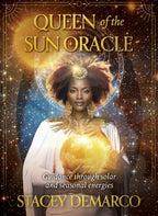 Book cover of 'Queen of the Sun Oracle' featuring a woman holding a glowing orb with celestial design.