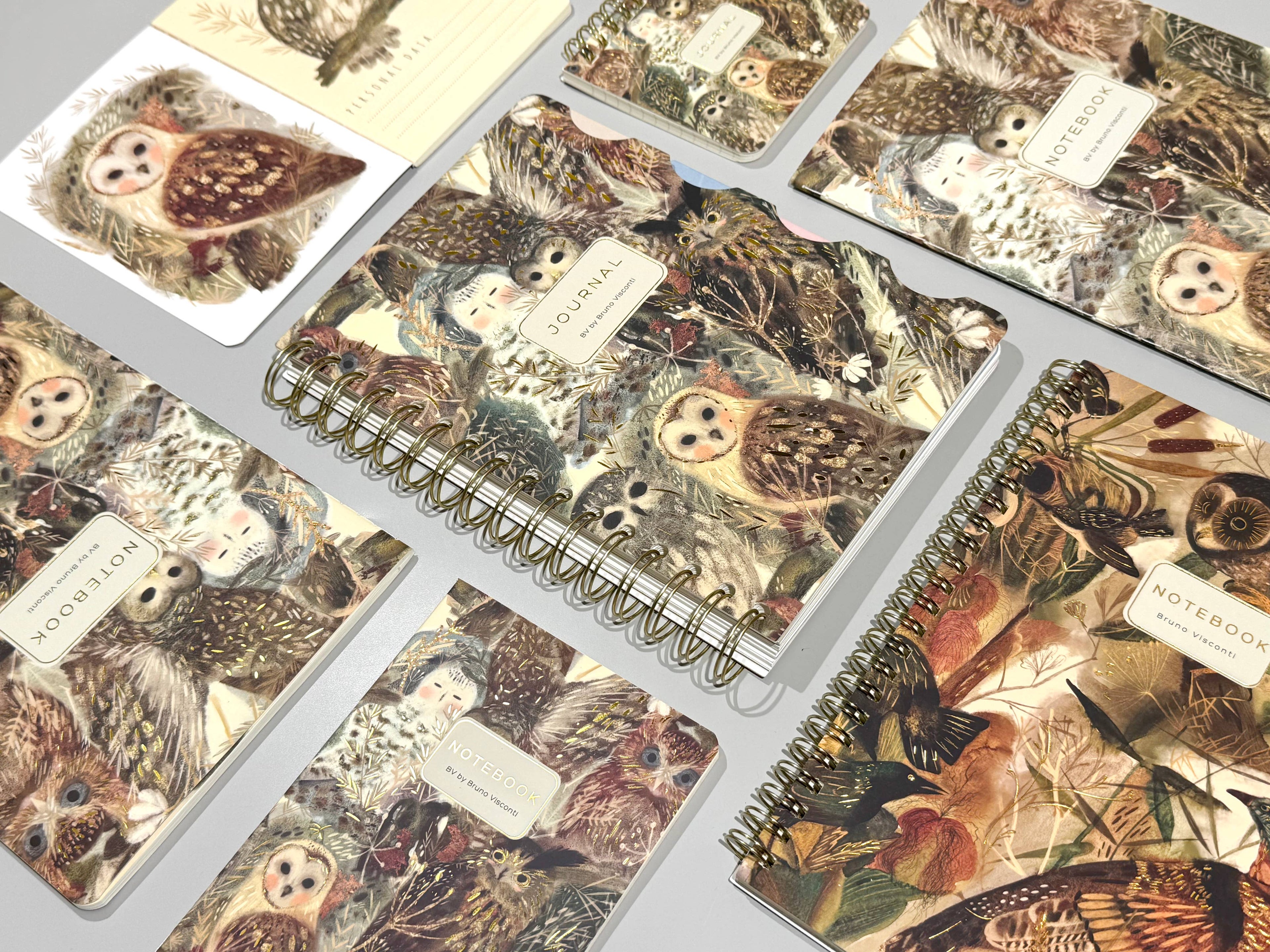 Collection of notebooks with owl illustrations on a grid pattern