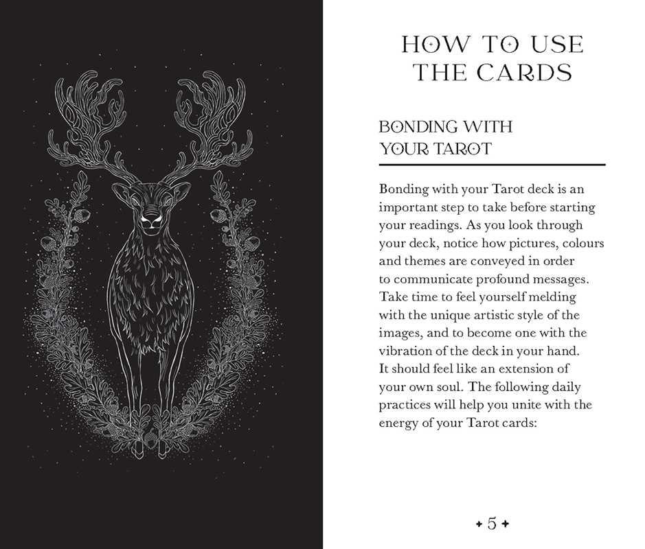 Page from a book or guide on Tarot cards with a deer illustration and text.