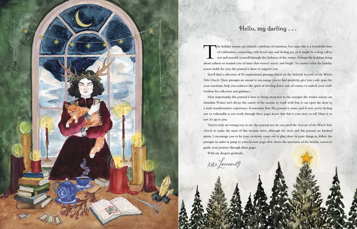A children's book spread showing an illustrated winter scene on the left page and a text-based story on the right page. The illustration depicts a cloaked figure standing by a large arched window at night, surrounded by candles, books, and magical objects, with snowy trees along the bottom of the right page.