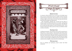 Book page with illustration and text on a red decorative border