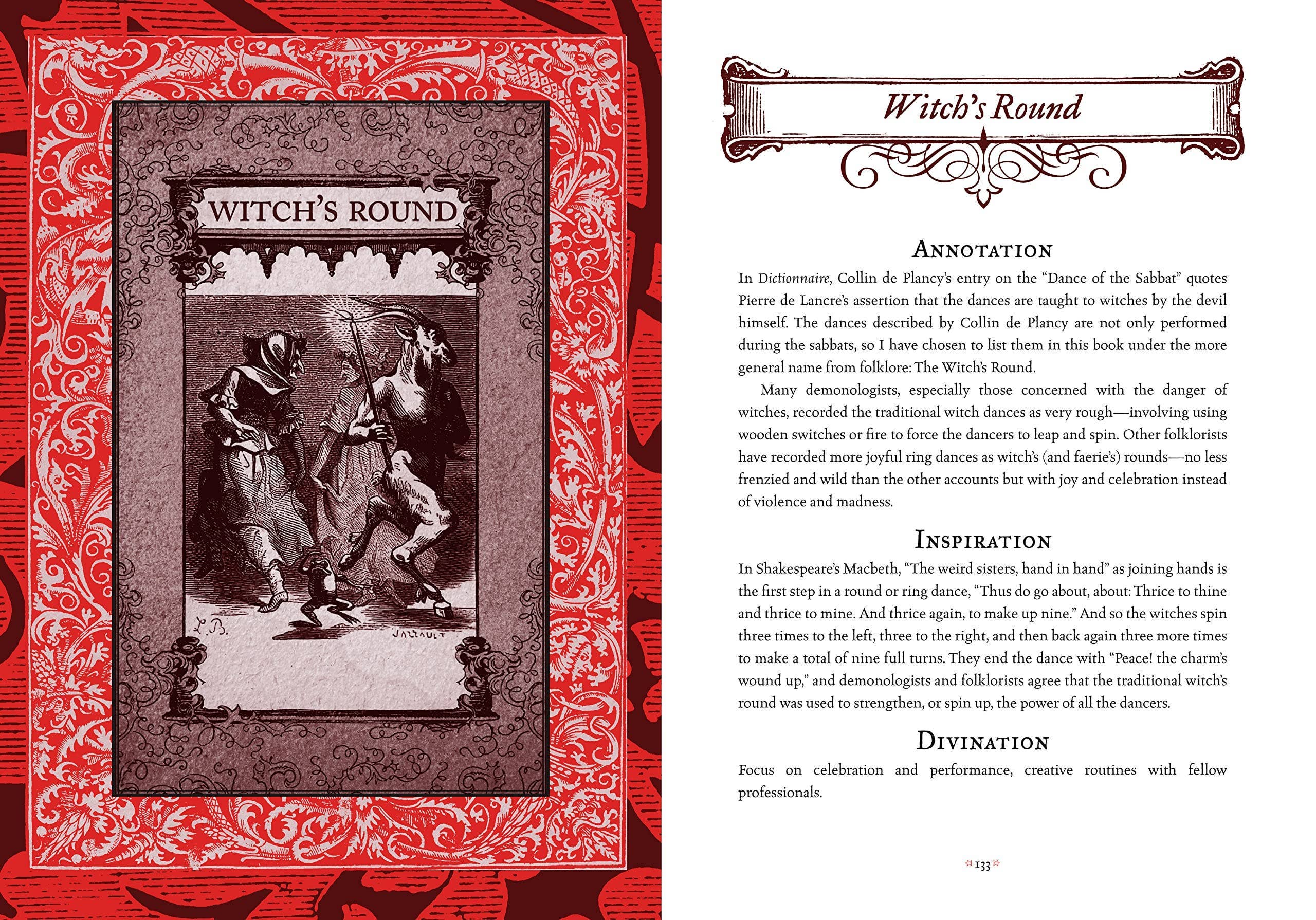 Book page with illustration and text on a red decorative border