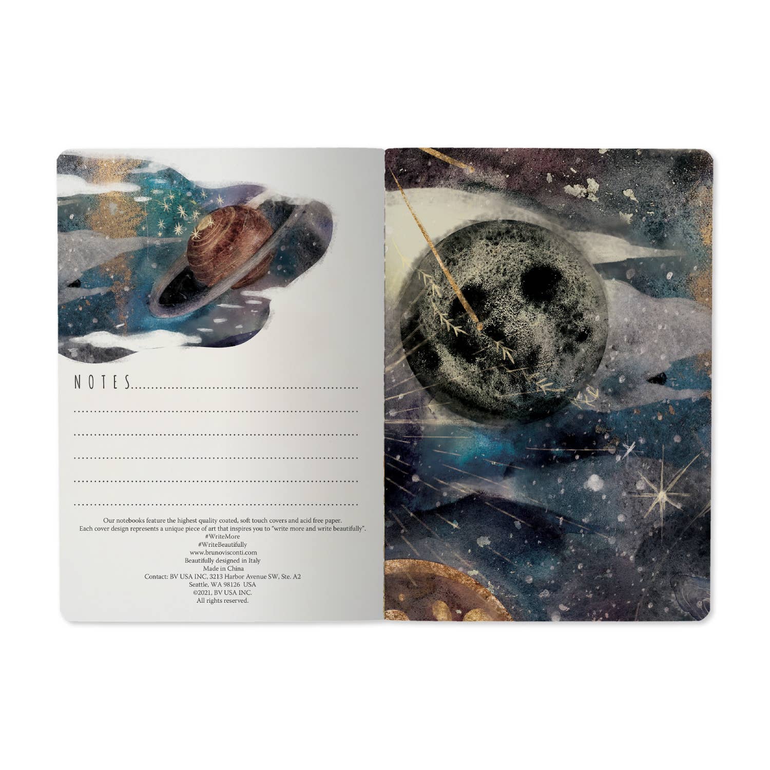 Notebook with space-themed design on the cover and interior pages.