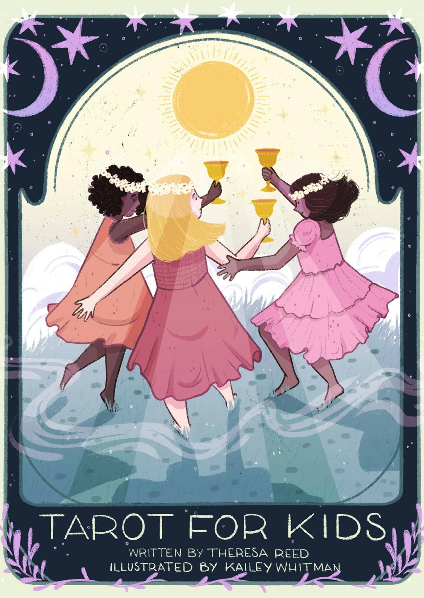 Cover of 'Tarot for Kids' book with three girls holding cups under a moonlit sky.