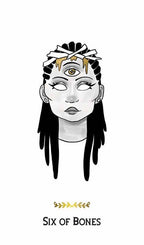 Illustration of a character with braided hair and a headband, labeled 'Six of Bones'.