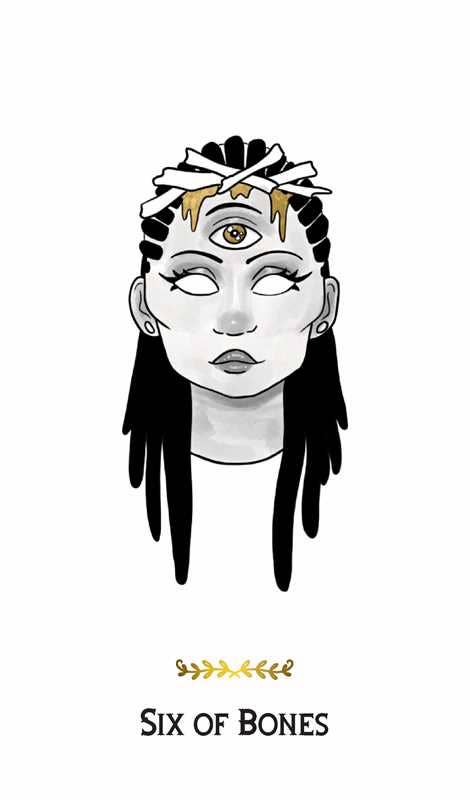 Illustration of a character with braided hair and a headband, labeled 'Six of Bones'.