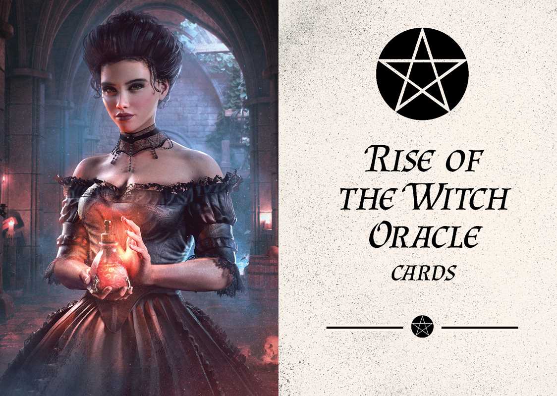 Rise of the Witch Oracle Cards deck cover featuring a dark fantasy illustration of a woman in a black Victorian gown holding a glowing orb on the left, and the card title 'Rise of the Witch Oracle Cards' with a black pentagram symbol on a textured cream background on the right.