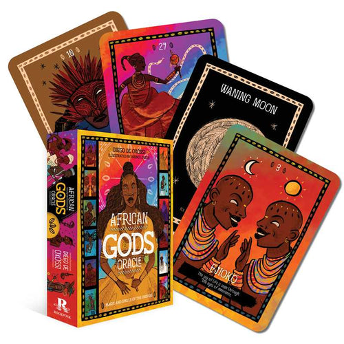 African Gods Oracle cards with colorful designs and text on a white background