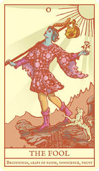 Vintage-style tarot card titled 'The Fool' with a person in a colorful dress holding a sun and a flower.