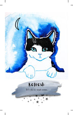 A square art print or card featuring a watercolor-style illustration of a black-and-white cat with blue eyes against a blue watercolor background, with a crescent moon above and the word 'Refresh' on a gray brushstroke banner near the bottom.